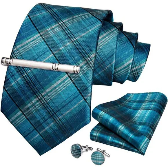 🆕Men Blue Plaid Silk Checkered Necktie Pocket Square Cufflinks Tie Clip Set